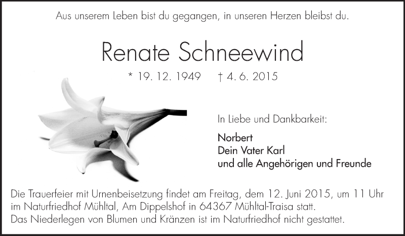  Traueranzeige für Renate Schneewind vom 11.06.2015 aus Echo-Zeitungen (Gesamtausgabe)