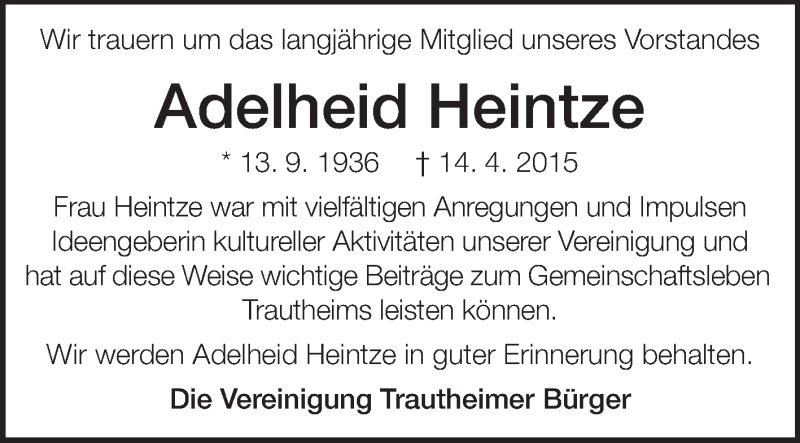 Traueranzeige für Adelheid Heintze vom 22.04.2015 aus Echo-Zeitungen (Gesamtausgabe)
