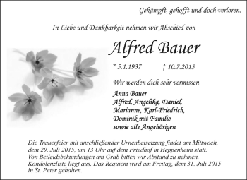 Traueranzeige von Alfred Bauer von Starkenburger Echo