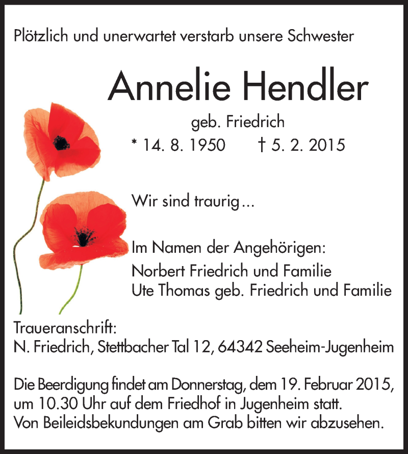  Traueranzeige für Annelle Hendler vom 14.02.2015 aus Echo-Zeitungen (Gesamtausgabe)