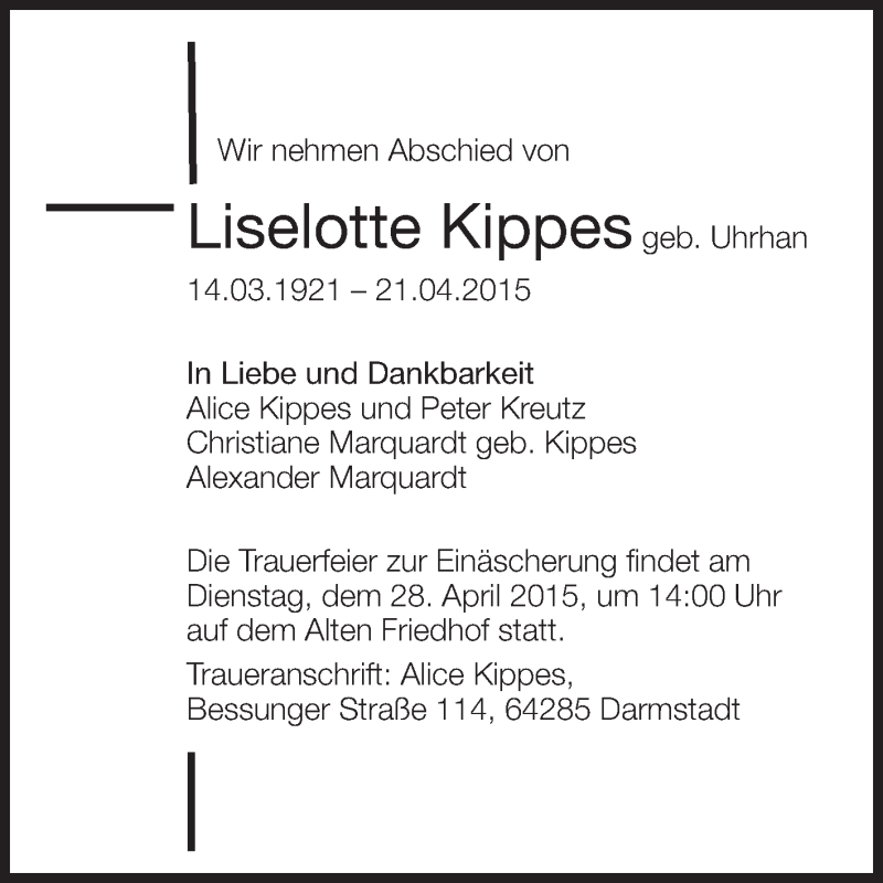  Traueranzeige für Liselotte Kippes vom 25.04.2015 aus Echo-Zeitungen (Gesamtausgabe)
