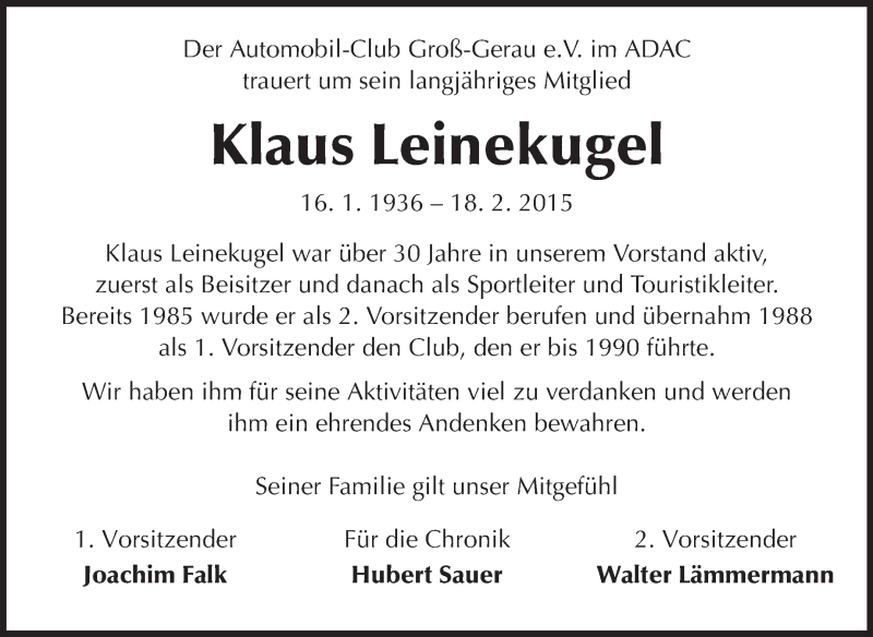  Traueranzeige für Klaus Leinekugel vom 21.02.2015 aus Rüsselsheimer Echo, Groß-Gerauer-Echo, Ried Echo