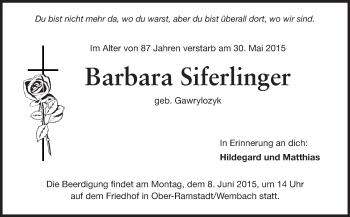 Traueranzeige von Barbara Siferlinger von Echo-Zeitungen (Gesamtausgabe)