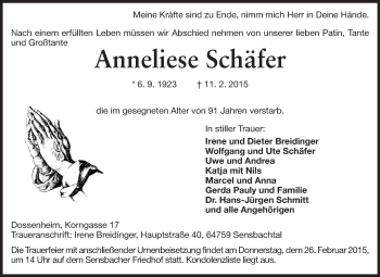 Traueranzeige von Anneliese Schäfer von Odenwälder Echo