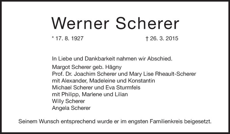  Traueranzeige für Werner Scherer vom 13.06.2015 aus Echo-Zeitungen (Gesamtausgabe)