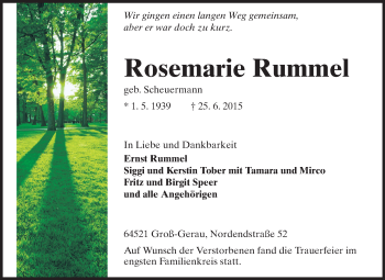 Traueranzeige von Rosemarie Rummel von Rüsselsheimer Echo, Groß-Gerauer-Echo, Ried Echo