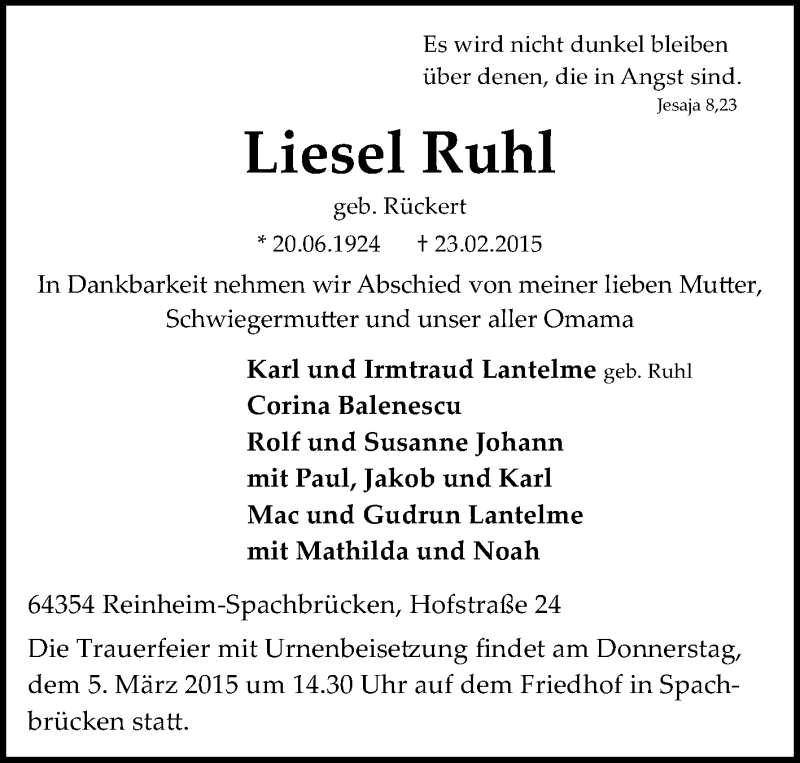  Traueranzeige für Liesel Ruhl vom 02.03.2015 aus Echo-Zeitungen (Gesamtausgabe)