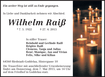 Traueranzeige von Wilhelm Raiß von Rüsselsheimer Echo, Groß-Gerauer-Echo, Ried Echo