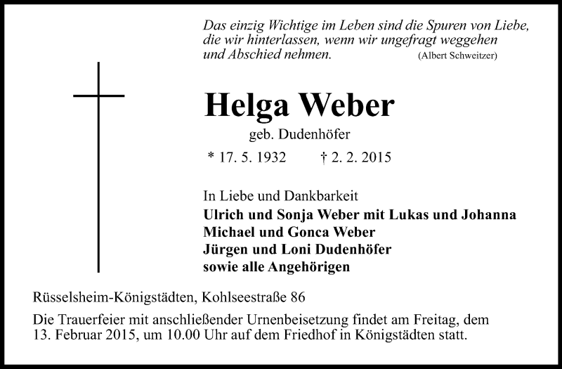  Traueranzeige für Helga Weber vom 07.02.2015 aus Rüsselsheimer Echo, Groß-Gerauer-Echo, Ried Echo