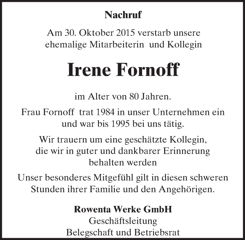  Traueranzeige für Irene Fornoff vom 14.11.2015 aus trauer.echo-online.de