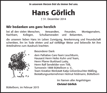 Traueranzeige von Hans Görlich von Rüsselsheimer Echo, Groß-Gerauer-Echo, Ried Echo