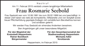 Traueranzeige von Rosmarie Seebold von Starkenburger Echo