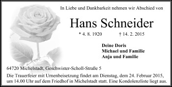 Traueranzeige von Hans Schneider von Odenwälder Echo