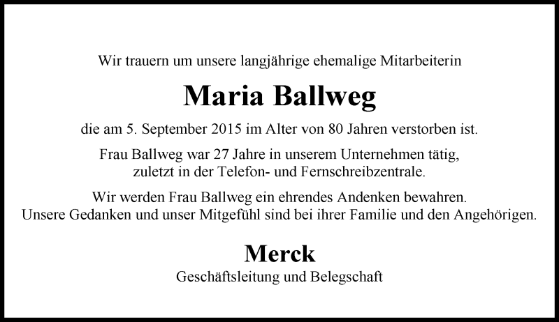  Traueranzeige für Maria Ballweg vom 12.09.2015 aus trauer.echo-online.de