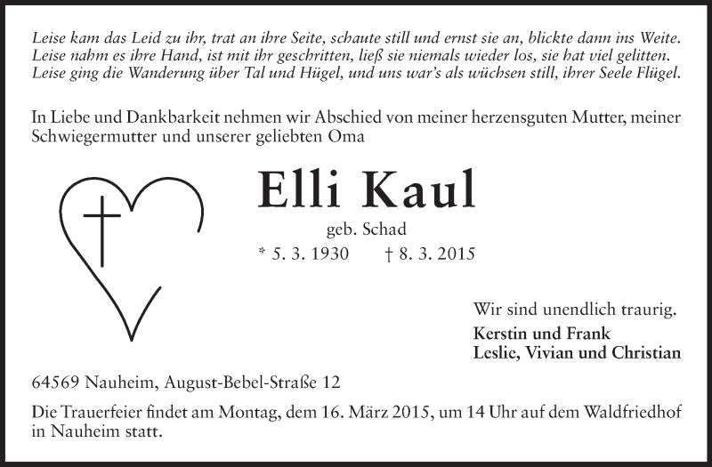  Traueranzeige für Elli Kaul vom 14.03.2015 aus Rüsselsheimer Echo, Groß-Gerauer-Echo, Ried Echo
