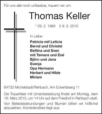 Traueranzeige von Thomas Keller von Odenwälder Echo