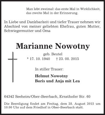 Traueranzeige von Marianne Nowotny von trauer.echo-online.de