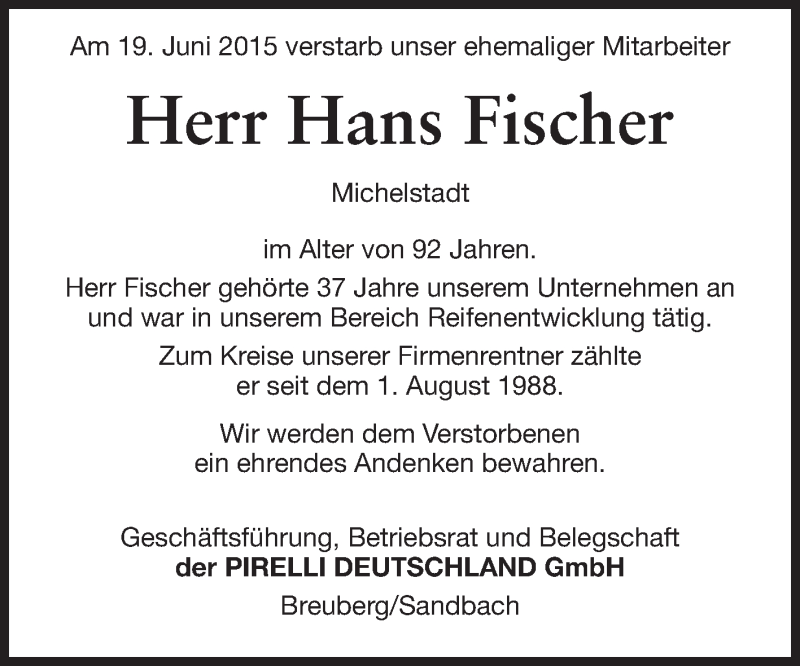  Traueranzeige für Hans Fischer vom 03.07.2015 aus Odenwälder Echo