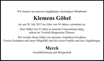 Traueranzeige von Klemens Göbel von Echo-Zeitungen (Gesamtausgabe)