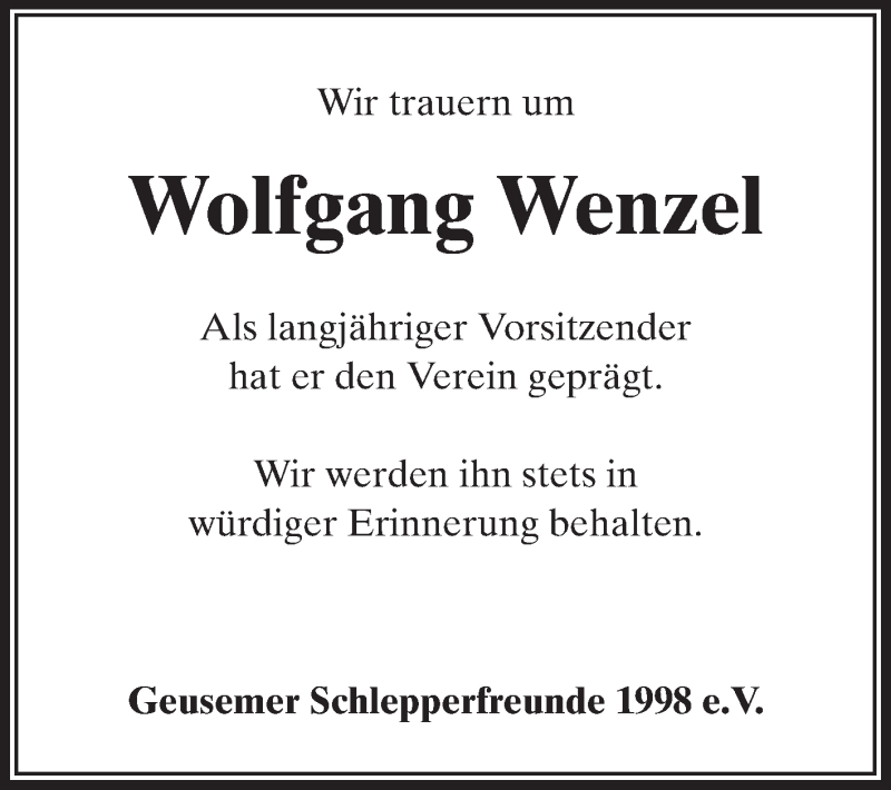  Traueranzeige für Wolfgang Wenzel vom 17.06.2015 aus Rüsselsheimer Echo, Groß-Gerauer-Echo, Ried Echo
