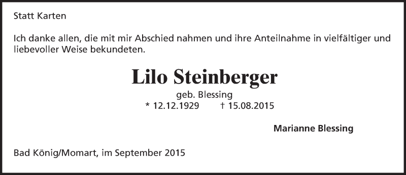  Traueranzeige für Lilo Steinberger vom 12.09.2015 aus trauer.echo-online.de