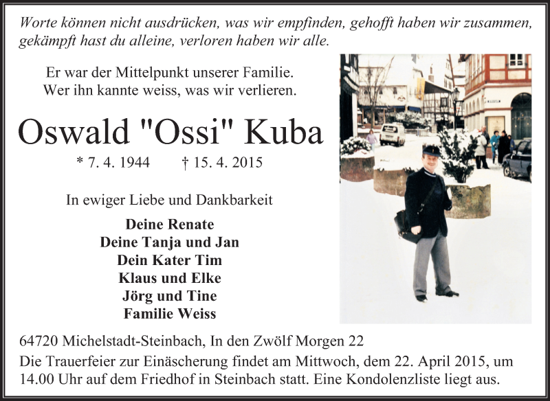  Traueranzeige für Oswald Kuba vom 18.04.2015 aus Odenwälder Echo