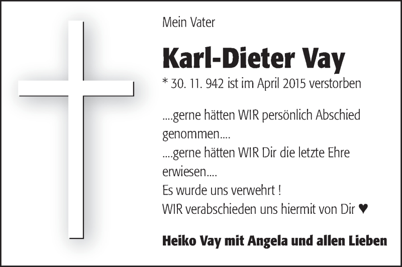  Traueranzeige für Karl-Dieter Vay vom 02.05.2015 aus Odenwälder Echo