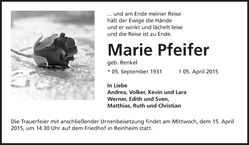  Traueranzeige für Marie Pfeifer vom 09.04.2015 aus Echo-Zeitungen (Gesamtausgabe)