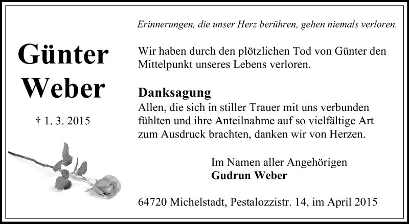  Traueranzeige für Günter Weber vom 22.04.2015 aus Odenwälder Echo