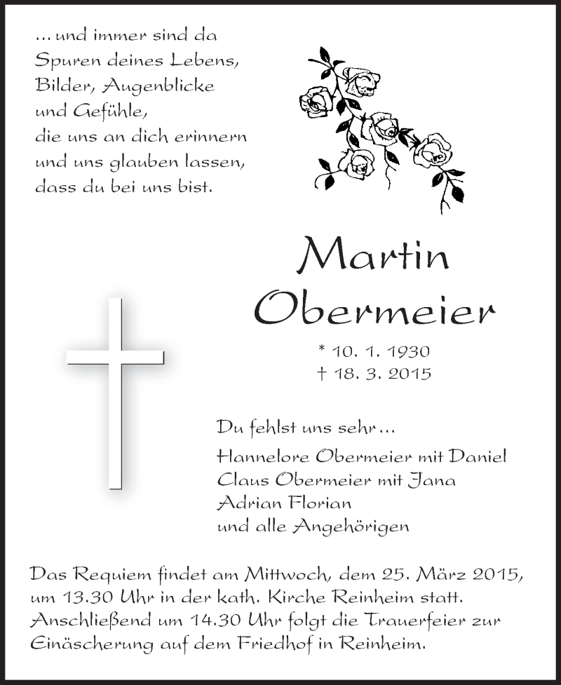  Traueranzeige für Martin Obermeier vom 21.03.2015 aus Echo-Zeitungen (Gesamtausgabe)