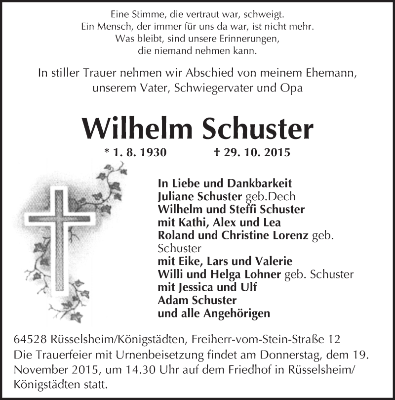  Traueranzeige für Wilhelm Schuster vom 14.11.2015 aus trauer.echo-online.de