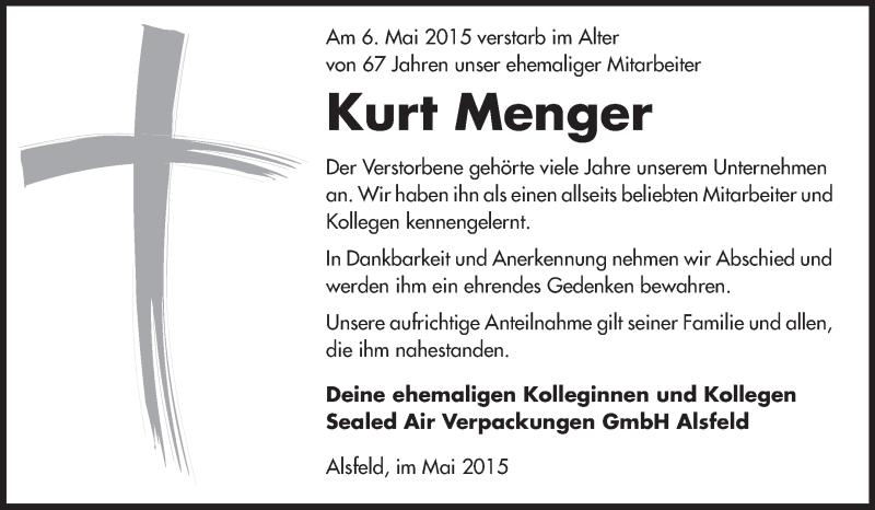  Traueranzeige für Kurt Menger vom 12.05.2015 aus Rüsselsheimer Echo, Groß-Gerauer-Echo, Ried Echo