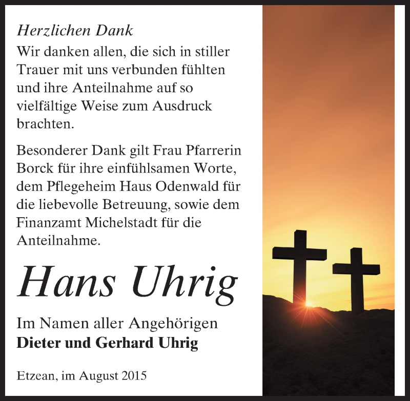  Traueranzeige für Hans Uhrig vom 15.08.2015 aus trauer.echo-online.de