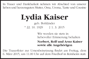 Traueranzeige von Lydia Kaiser von Darmstädter Echo, Odenwälder Echo, Rüsselsheimer Echo, Groß-Gerauer-Echo, Ried Echo