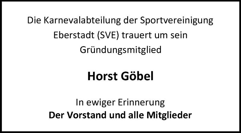  Traueranzeige für Horst Göbel vom 31.01.2015 aus Echo-Zeitungen (Gesamtausgabe)