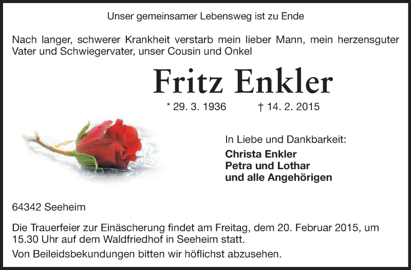  Traueranzeige für Fritz Enkler vom 16.02.2015 aus Echo-Zeitungen (Gesamtausgabe)