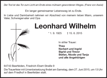 Traueranzeige von Leonhard Wilhelm von Odenwälder Echo