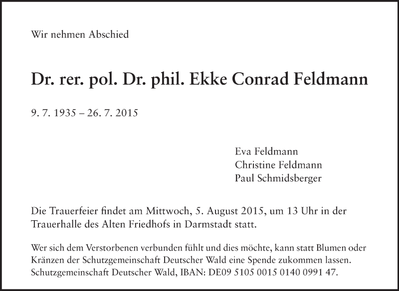  Traueranzeige für Ekke Conrad Feldmann vom 31.07.2015 aus Echo-Zeitungen (Gesamtausgabe)