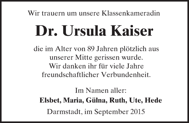  Traueranzeige für Ursula Kaiser vom 19.09.2015 aus trauer.echo-online.de