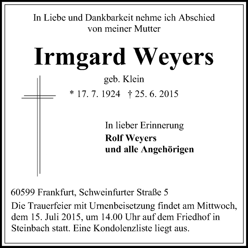  Traueranzeige für Irmgard Weyers vom 10.07.2015 aus Odenwälder Echo