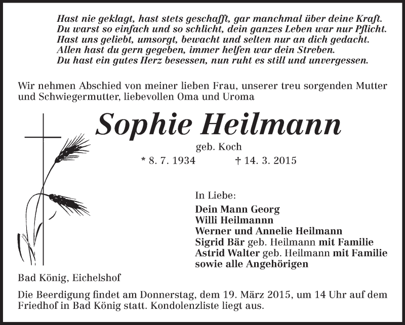  Traueranzeige für Sophie Heilmann vom 17.03.2015 aus Odenwälder Echo