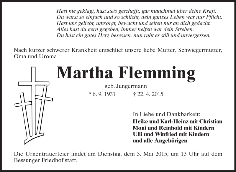  Traueranzeige für Martha Flemming vom 25.04.2015 aus Echo-Zeitungen (Gesamtausgabe)