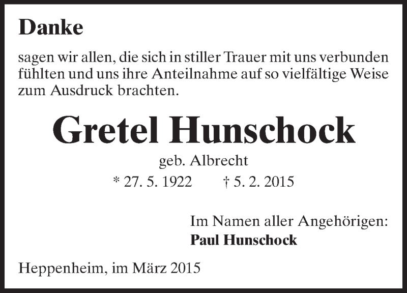  Traueranzeige für Gretel Hunschock vom 07.03.2015 aus Starkenburger Echo