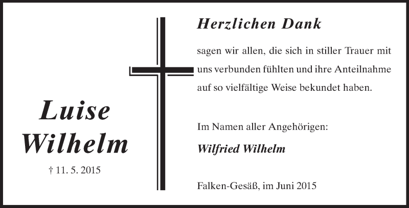  Traueranzeige für Luise Wilhelm vom 12.06.2015 aus Odenwälder Echo