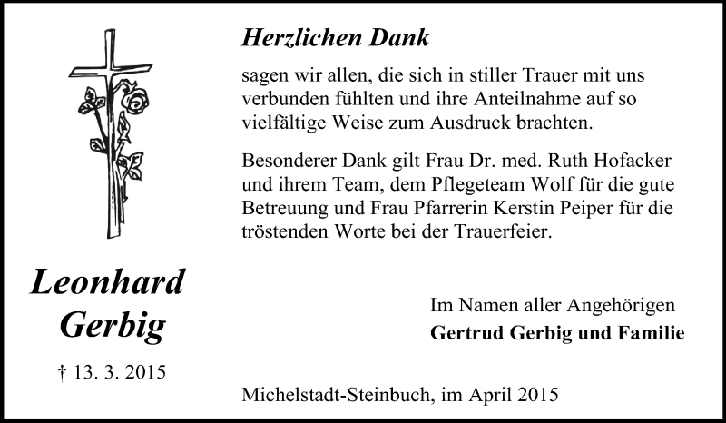  Traueranzeige für Leonhard Gerbig vom 10.04.2015 aus Odenwälder Echo