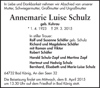 Traueranzeige von Annemarie Luise Schulz von Odenwälder Echo