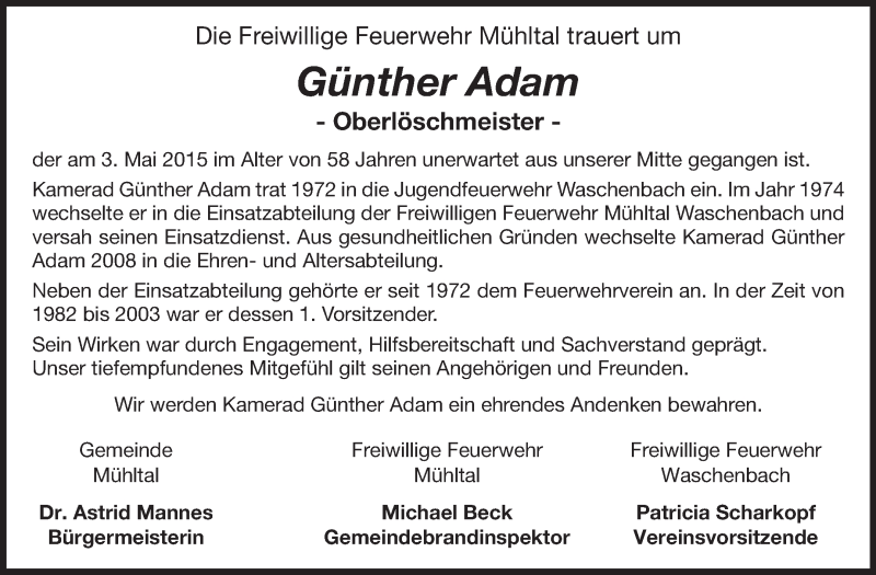  Traueranzeige für Günther Adam vom 12.05.2015 aus Echo-Zeitungen (Gesamtausgabe)