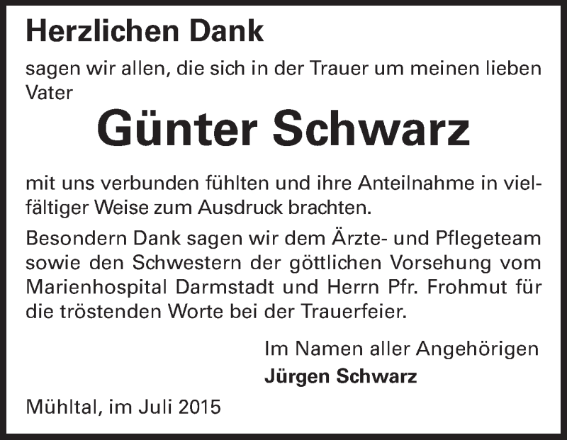  Traueranzeige für Günter Schwarz vom 04.07.2015 aus Echo-Zeitungen (Gesamtausgabe)