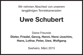 Traueranzeige von Uwe Schubert von Echo-Zeitungen (Gesamtausgabe)