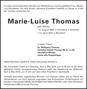 Traueranzeige von Marie-Luise Thomas von Echo-Zeitungen (Gesamtausgabe)